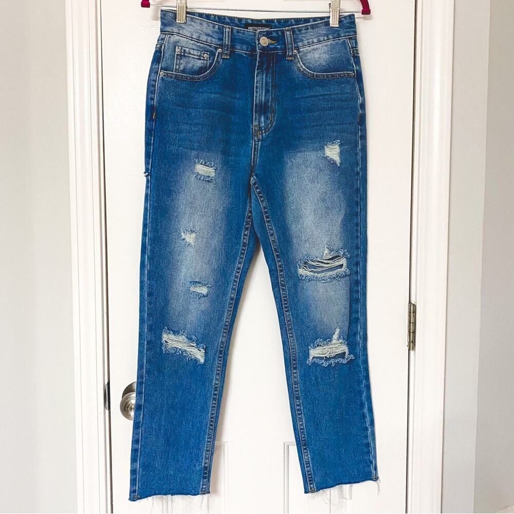 PRETTYLITTLETHING • Distressed Straight Leg Cropped Denim Blue Jeans